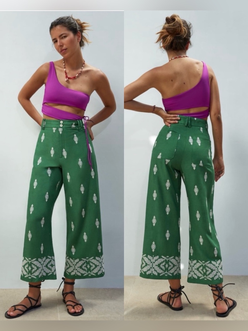 Zara Linen Blend Embroidered High Waisted Culottes , Large